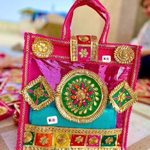 Traditional Indian Gota Patti Wedding Hamper <b>Bag</b>, Handmade Decorative Guest Room Welcome Gift Packaging <b>Bag</b> - Product Image 3