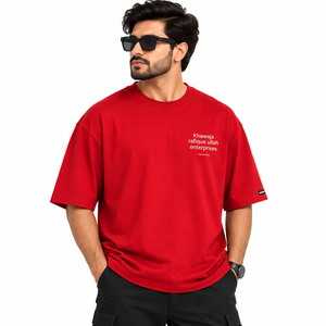 Khawaja Rafique Ullah Enterprises <b>Red</b> <b>Long</b> Oversized 100% Cotton <b>Men's</b> Casual Short <b>Sleeve</b> O-Neck T-<b>Shirt</b> Front Logo - Product Image 3