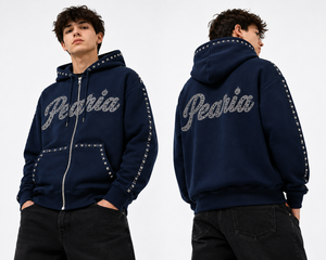 <b>Men's</b> Navy Solid Digital Printing Rhinestone Embroidered Hooded <b>Zip</b>-<b>Up</b> Pullover Hoodie Streetwear Fleece Winter - Product Image 2