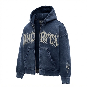 Sudadera con capucha para hombre, azul marino, con cremallera, diseño gráfico, estilo urbano, dobladillo desgastado, personalizada, fabricación de sudaderas con capucha. - Product Image 4