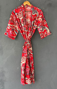 Bata tipo kimono larga con cuello en V de algodón con estampado floral para mujer, bata de baño holgada de manga larga, ropa de casa suave, transpirable y ligera - Product Image 5
