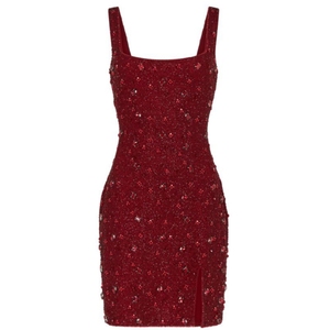 Dark <b>Red</b> <b>Beaded</b> Embroidery Mini Dress Sleeveless Fabric Party Wear Women Evening Bodycon Slit Outfit Apparel Cocktail Clothing - Product Image 1