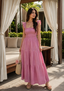 Robe mi-longue décontractée en coton coupe trapèze pour la plage - Élégante robe rose à corsage smocké, bretelles volantées et détails en dentelle pour les vacances d'été - Product Image 1