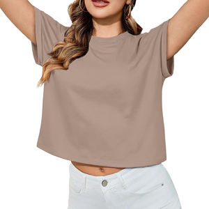 เสื้อครอปผู้หญิง แขนสั้น คอกลม สีพื้น ทรงหลวม เสื้อยืดลำลอง ผ้าฝ้าย 100% - Product Image 3