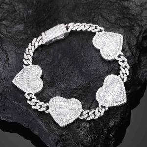 Fashionable Charm Luxury <b>Solid</b> <b>Silver</b> Baguette Heart Cuban Link <b>Bracelet</b> Vvs Clarity Moissanite Diamond <b>Bracelet</b> - Product Image 1