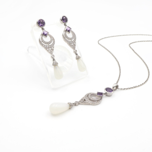 Ensemble pendentif et boucles d'oreilles en argent sterling 925 avec améthyste et pierre de lune blanche, plaqué rhodium, bijoux fins OEM ODM - Product Image 1