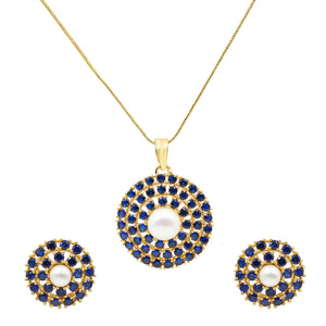 Gold Plated Brass Blue Sapphire Pendant Set Traditional Bridal Wedding <b>Necklace</b> and Earring Sets <b>Statement</b> Jewelry Gift - Product Image 2