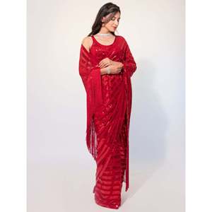 Gorgeous <b>Red</b> <b>Sequins</b> Georgette Party Wear Saree With Blouse - Product Image 5