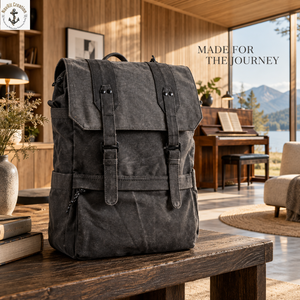Sac à dos classique en toile gris anthracite avec rabat avant et bretelles |   Sac à dos vintage avec poche latérale zippée et poignée de transport supérieure - Product Image 4