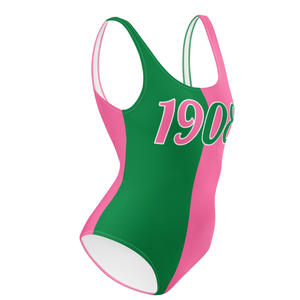 Traje de baño de una pieza de 2 tonos 1908, traje de baño rosa y verde con estampado de números para mujer, ropa de playa elegante, traje de moda - Product Image 3