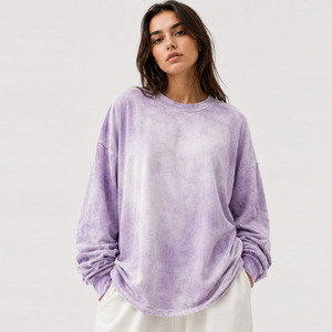 T-shirt en coton tie-dye à col rond et manches longues pour femme, coupe ample, respirant, tricoté, longueur normale, style été - Product Image 1