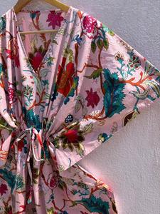 Pink Floral Cotton <b>Kaftan</b> for Women Printed Boho Daily Wear Regular Fit <b>Summer</b> Maxi Dress Batwing Sleeves V-neck Eco-Friendly - Product Image 4