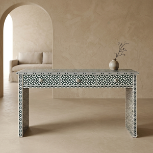 Table console traditionnelle artisanale écologique légère avec incrustations en os, décoration d'entrée et de salon, mobilier moderne par Vikis Arts - Product Image 1