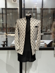 Designer <b>Men's</b> Wedding Sherwani Set Off-White Patterned Jacket Black <b>Kurta</b> Pant Groom Party Wrinkle Free Quick Dry Custom Made - Product Image 1