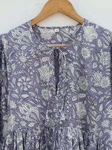 Ethnic White Floral Hand Print Purple Cotton Midi <b>Dress</b> With Tie Neck Puff Sleeve <b>Loose</b> Fit Casual Summer <b>Dress</b> For Women - Product Image 4