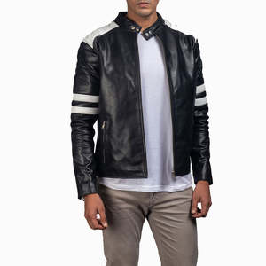Chaqueta de Motociclista con Diseño de Rayas Blancas, Chaqueta de Cuero para Motociclista, Chaqueta de Cuero Ajustada con Rayas Blancas - Product Image 3