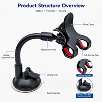 Support de téléphone de voiture à ventouse en gros, rotatif à 360°, col de cygne flexible, double pince pour pare-brise et tableau de bord