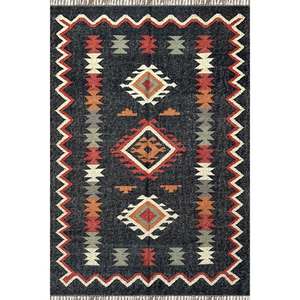 Alfombra tradicional de tejido plano 4x6 de lana y yute Dhurrie con artesanía de telar manual y motivos geométricos Kilim - Product Image 3