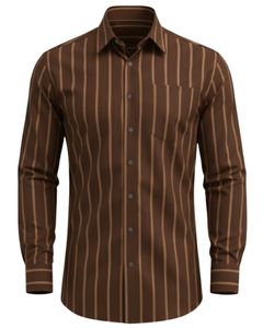 Camisa de Vestir Personalizada para Hombre, Color Marrón con Rayas Verticales, Corte Entallado, Botones, Manga Larga, Formal, Informal, para Oficina, Mezcla de Algodón, OEM Personalizado - Product Image 1