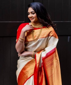 Traditional Indian Silk <b>Saree</b> With <b>Red</b> And Orange Border For Wedding Wear Women's Floor Length Sari Classic Design - Product Image 1
