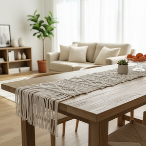 Chemin de table en macramé blanc en coton fait main, taille personnalisée, avec pompons, style bohème, pour mariage, 14x78 pouces - Product Image 4