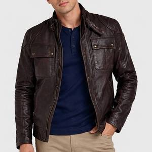 Albert Men's Brown <b>Leather</b> Biker <b>Jacket</b> With Zipper Closure- <b>Jacket</b> Brown <b>Leather</b> - Product Image 1