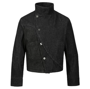 Blouson en jean incurvé sur mesure 3D pour homme - Design irrégulier multi-formes, vêtement d'extérieur style uniforme d'arts martiaux à capuche - Product Image 1