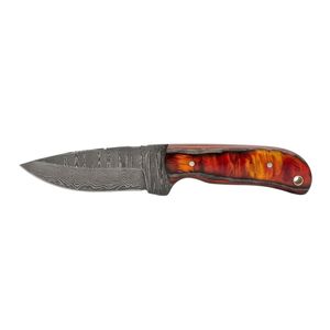 Couteau de chasse à lame fixe en acier Damas de qualité industrielle avec manche en bois de burl d'orange, idéal pour la survie en extérieur et le camping - Product Image 2