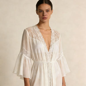 Gran oferta en Temu: Vestido de novia largo blanco elegante para mujer con ribete de encaje, manga acampanada y frente abierto, ideal para bodas y luna de miel. - Product Image 3