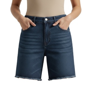 High Waisted Dark Blue Denim Shorts for Women with Frayed Raw Hem Relaxed Fit Mid <b>Thigh</b> Summer Jean Shorts - Product Image 2