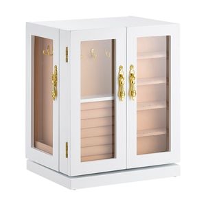 Boîte à bijoux rotative à 360 degrés avec 5 tiroirs, fenêtre en acrylique, 4 crochets pour colliers, rangement spacieux, organisateur de bijoux à 5 tiroirs - Product Image 1