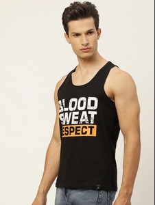 Débardeur noir pour homme avec imprimé « Blood Sweat Respect », col rond, sans manches, style décontracté, 100 % coton respirant, tricoté - Product Image 2