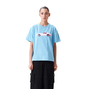 T-shirt décontracté pour femme, bleu clair, col rond, manches courtes, imprimé motif voiture, coupe ample, en jersey, pour printemps et été - Product Image 1