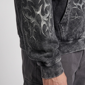 Men’s Vintage Washed Black <b>Zip</b> <b>Up</b> <b>Hoodie</b> Tribal <b>Graphic</b> Oversized Streetwear Sweatshirt - Product Image 5