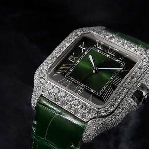 Reloj de Lujo Vintage con Moissanita VVS, Estilo Hip Hop Moderno, Correa de Cuero Verde, Esfera de Cristal, Diamantes Engastados, Movimiento Automático, Acero Inoxidable - Product Image 3