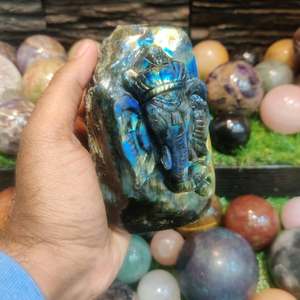 Sculpture en pierre de cristal polie de forme libre, spécimen minéral naturel brut, décoration d'intérieur, Ganesha Labradonite - Product Image 3