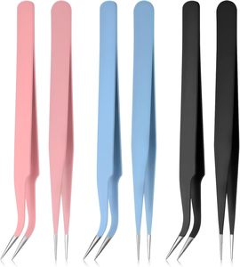 Juego de 6 Pinzas de Acero Inoxidable, Rectas y Curvas, 3 Colores, Pinzas de Precisión para Extensiones de Pestañas, Arte de Uñas y Manualidades - Product Image 1