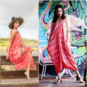 Vestido largo de rayón con efecto tie-dye rosa para mujer, estilo bohemio, cuello en V, sin mangas, corte holgado, para vacaciones en la playa - Product Image 4