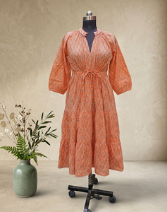 Robe longue indienne imprimée au bloc, 100 % coton, écologique, décontractée, style bohème pour femme, taille naturelle, prix de gros - Product Image 2