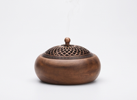 Porte-encens en bois naturel, brûleur rond en bois de manguier avec couvercle en treillis métallique et récupérateur de cendres