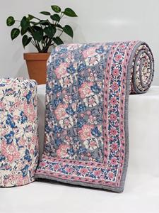 Couette Kantha de luxe faite à la main 100% coton, taille Queen, imprimé floral bleu, réversible, durable et respirante, lavable - Product Image 4