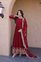 Vestido de Fiesta Diwali Premium para Mujer, Diseño de Alta Costura, con Bordado Floral Falso, Lentejuelas Zari, Largo hasta el Tobillo, Sin Arrugas, Reversible, Listo para Usar