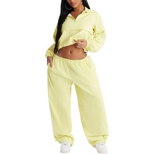 Women's Light Yellow Tracksuit Set quarter zipper <b>Crop</b> <b>Top</b> jacket Pants Loose Fit women's nylon windbreaker tracksuit - Product Image 1