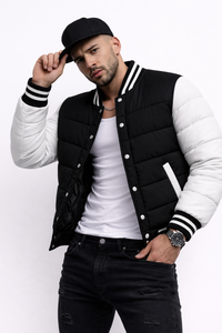 Blouson matelassé varsity noir et blanc pour homme, manteau bomber d'hiver matelassé, boutons-pression, streetwear, logo personnalisé, fabricant OEM ODM - Product Image 3