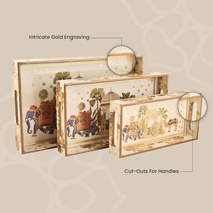 Ensemble de plateaux de service en bois émaillé : gravure or royal chameau, fabriqué par B H Brothers - Product Image 4