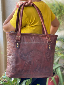 Bolso de mano de cuero de cabra para mujer, bolsa de hombro de cuero en relieve marrón Vintage, hecho a mano - Product Image 3