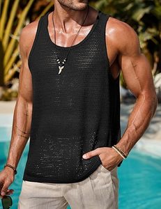 Mens Knitted <b>Mesh</b> Crochet Tank <b>Top</b> Summer Hollow Out Sleeveless Casual Breathable Customizable - Product Image 1