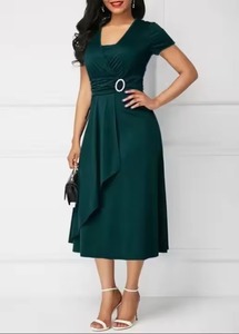 Nouvelle Robe de Soirée Formelle Mi-Longue pour Femme, Col en V Sexy, Taille Haute, Couleur Unie, Style Bohème à Ourlet Évasé - Product Image 4