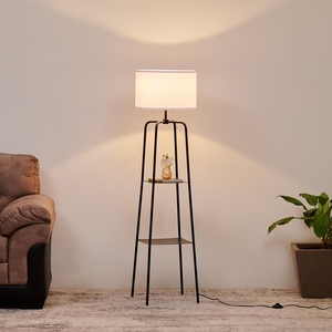 Metal Floor Lamp with Shelves Modern Standing <b>Light</b> with Storage Display Industrial Black Finish Fabric <b>Drum</b> <b>Shade</b> Minimalist - Product Image 3