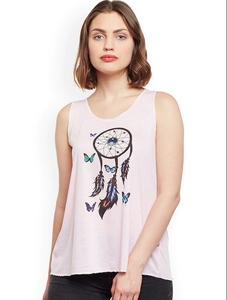 Débardeur sans manches blanc pour femme, imprimé attrape-rêves, style bohème, en coton tricoté, col rond, longueur normale, logo sur le devant - Product Image 1